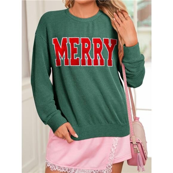 Merry Twisted Rib Christmas Loose Long Sleeve Top - Picture 1 of 8